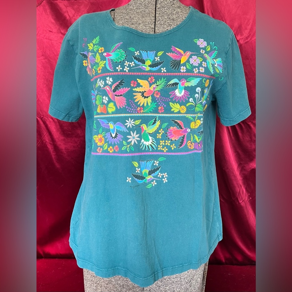 Saba Teal Short Sleeve Tee with Bright Multicolor Bird Embroidery